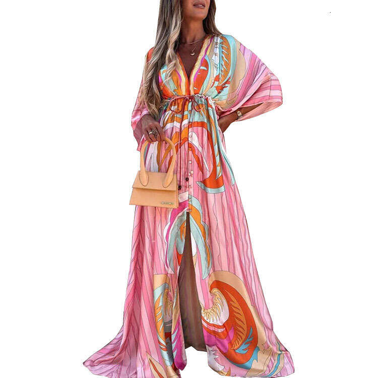 Women's Fashion Spring New Printed Loose Tie Elegant Flared Dress B5