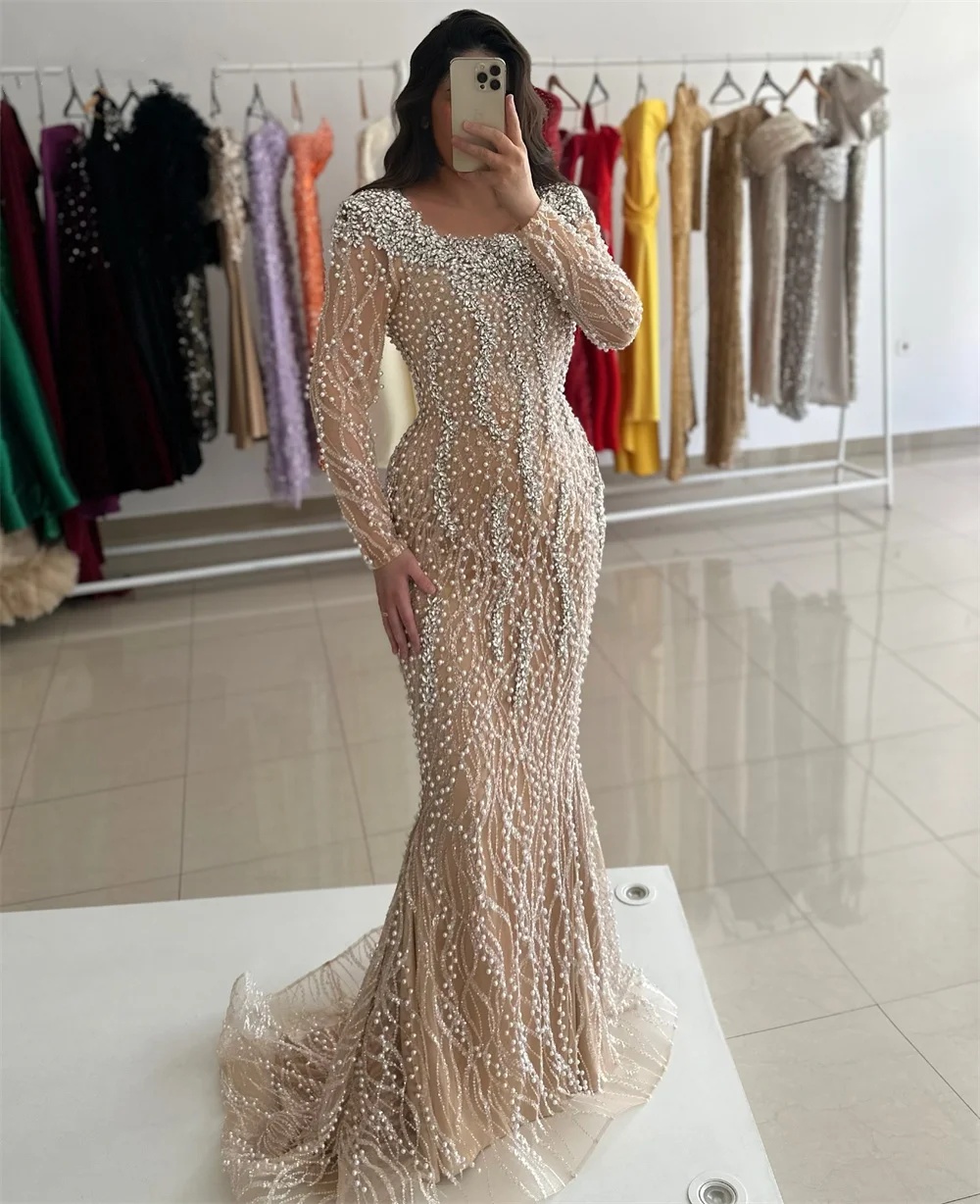 Elegant Crystal Wedding Dresses Pearls Beading Bridal Gowns Sequins Mermaid Long Sleeves Customized Bride Vestidos De Novia Plus Size