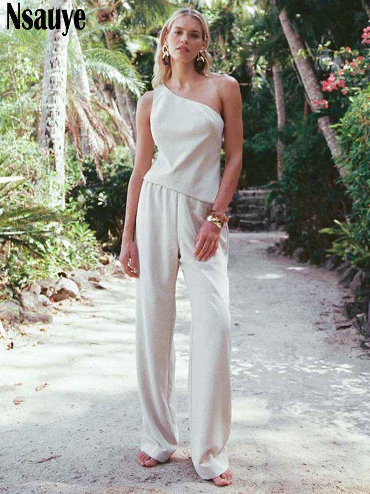 Nsauye Summer Casual Women Fashion Tracksuit Pants Two Piece Set White Hollow Out Backless Skinny Tops Long Sexy 2025 250616