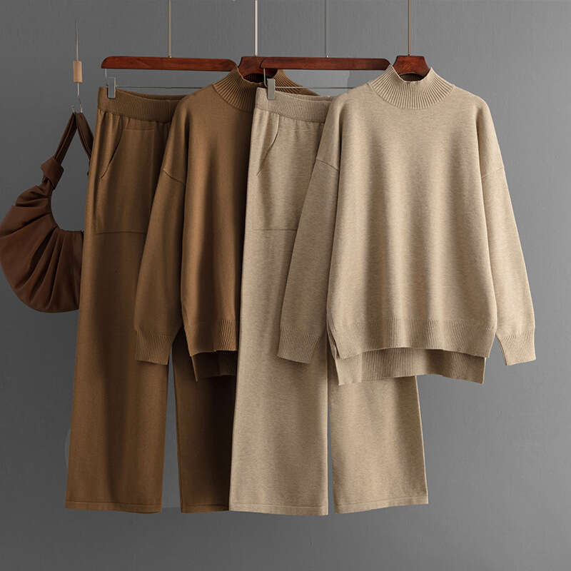 Solid Color Knitted Half Turtleneck Slit for Women 2024 Autumn Winter Fashion Casual Sweater Two-Piece Set