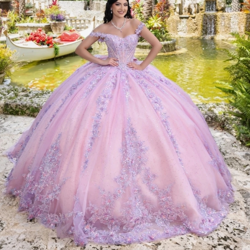 Pink Glitter Quinceanera Dresses Ball Gown Lace Applique Beading Bow Tull Corset Sweet 16 Dress Vestido De 15 Anos
