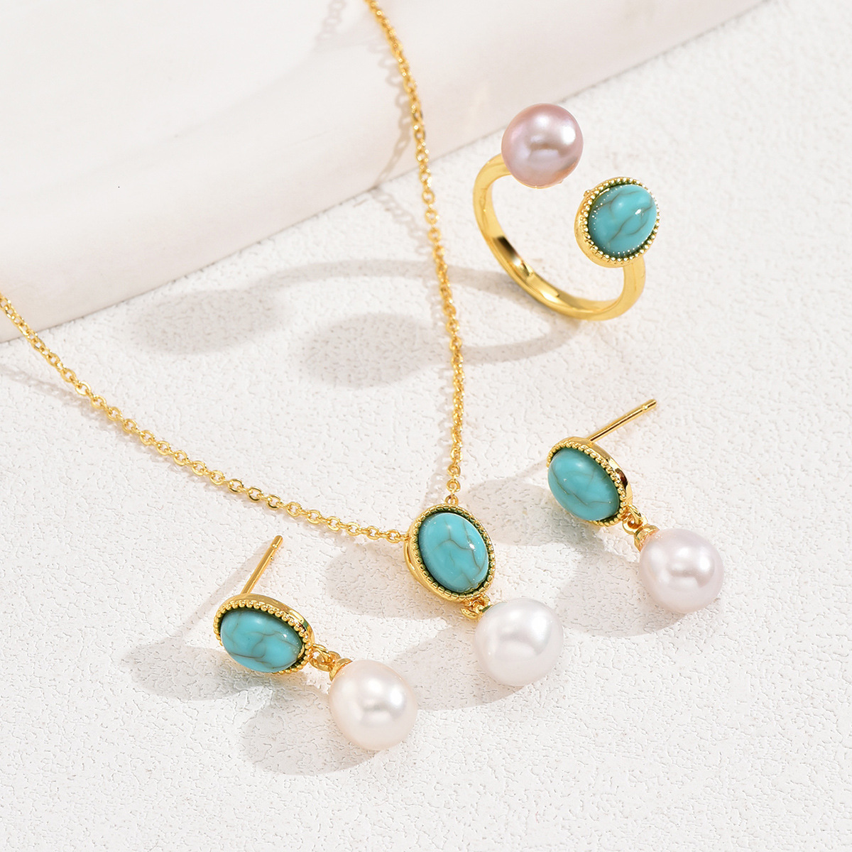 Minimalist Artistic Style Necklace Set Inlaid Pearl Stud Earrings Ring Jewelry