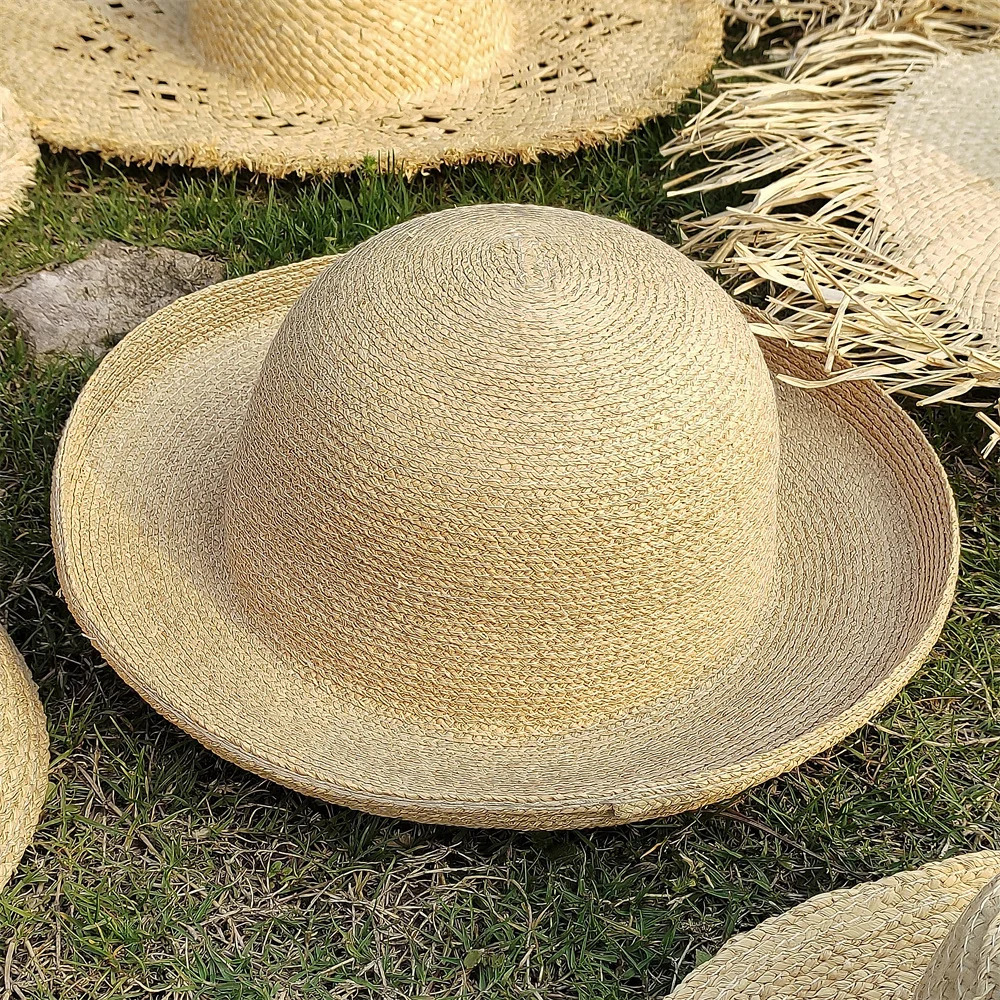 Large Brim Straw Hat Raffia Hand-woven Pattern Straw Hat Sun Protection Beach Sun Hat Womens British Retro Basin Hat 250624
