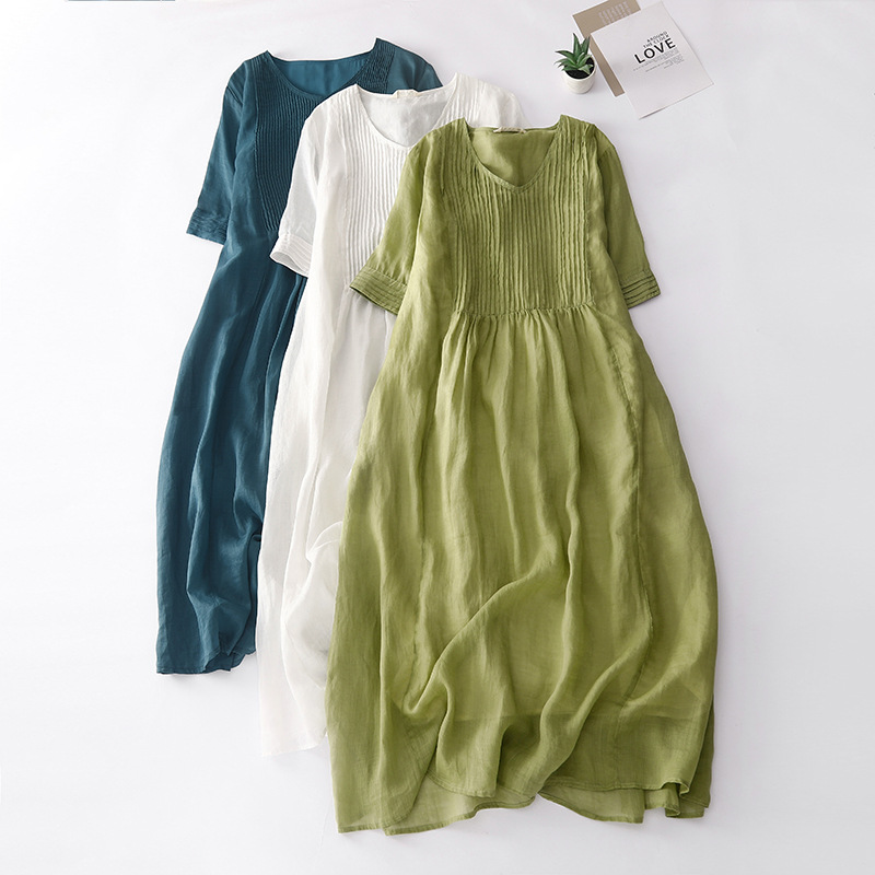 Casual Dresses Plus Size Cotton Linen For Women Spring Summer 3/4 Sleeve White Loose T Shirt Pullover Long