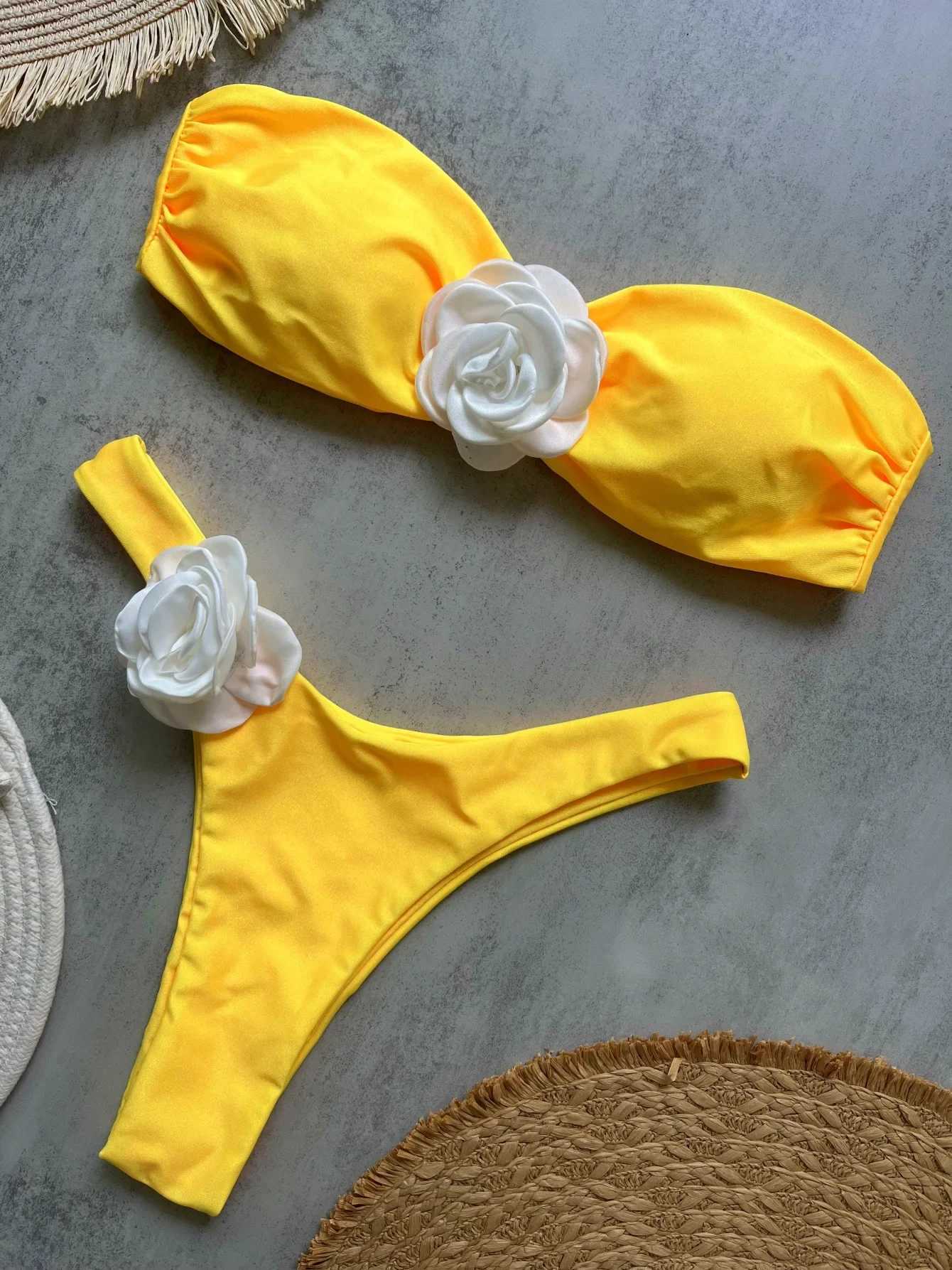 2025 yellow three-dimensional flower new solid color bikini sexy backless split swimsuit nylon bikiniXJ250624