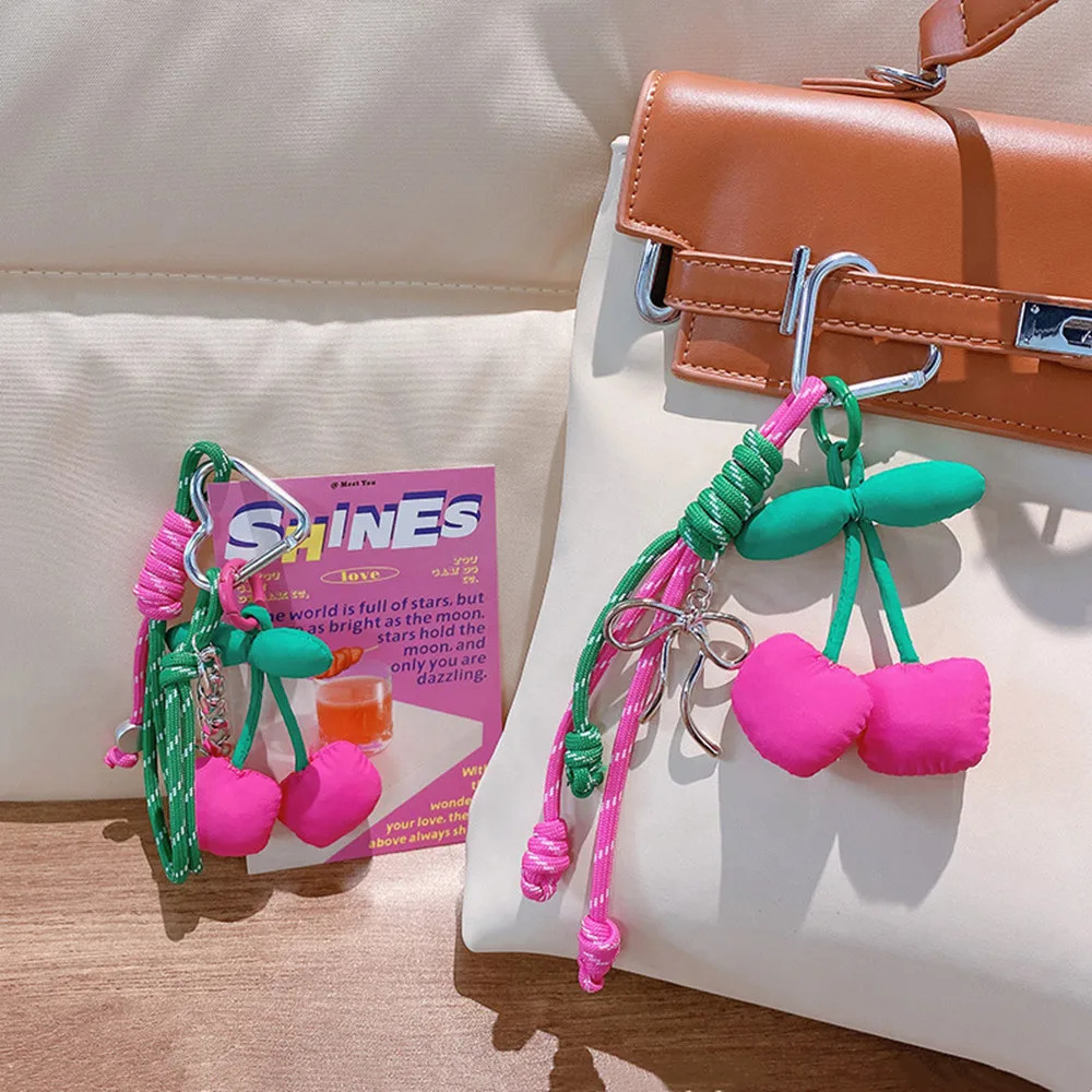 Korean Stylish Fabric Cherry Keychain Hand Beaded Pearl Keyring For Women Girls Phone Pendant Y2K Fashion Bag Pendant Gifts 250625