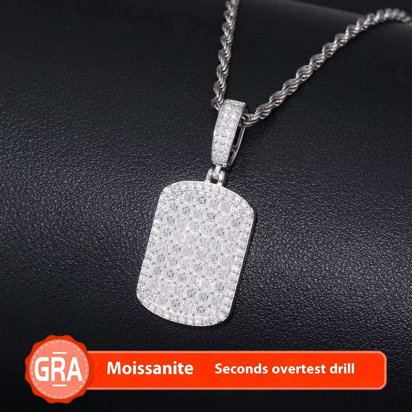 European American S925 Silver Moissanite Necklace Cross-Border Hip-Hop Military Brand Rectangular Square Diamond Pendant Trendy