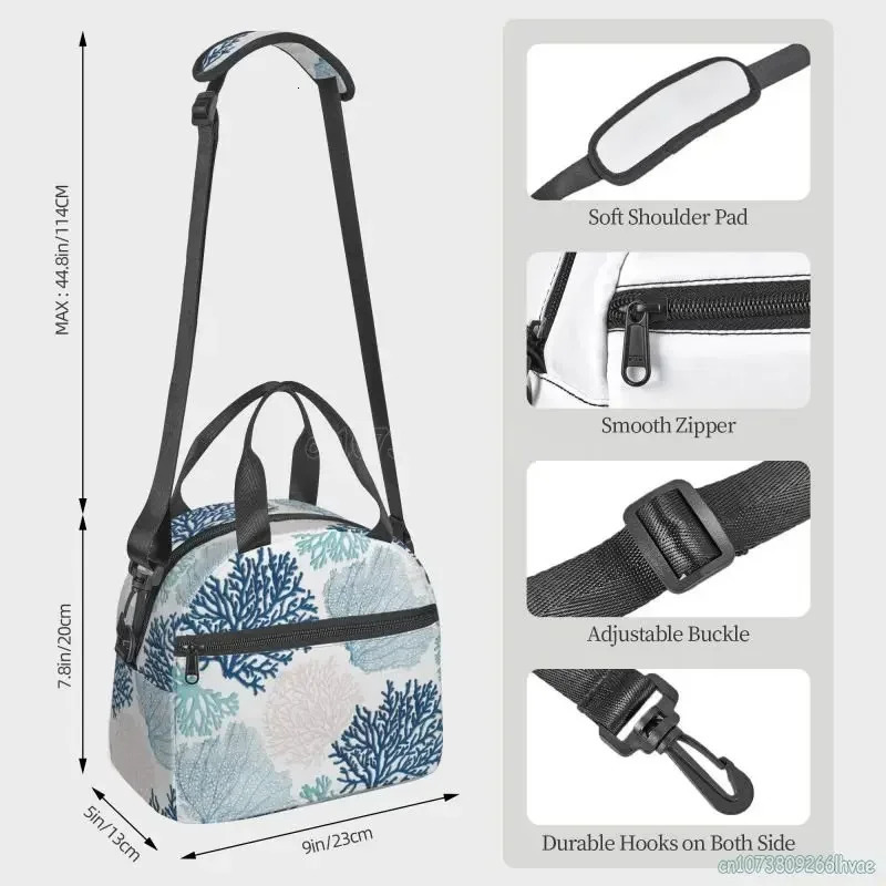 Summer Coastal Coral Branch Thermal Insulated Lunch Box for Work School Picnic Beach Food Bags Women Resuable Cooler Bento Bag 250624