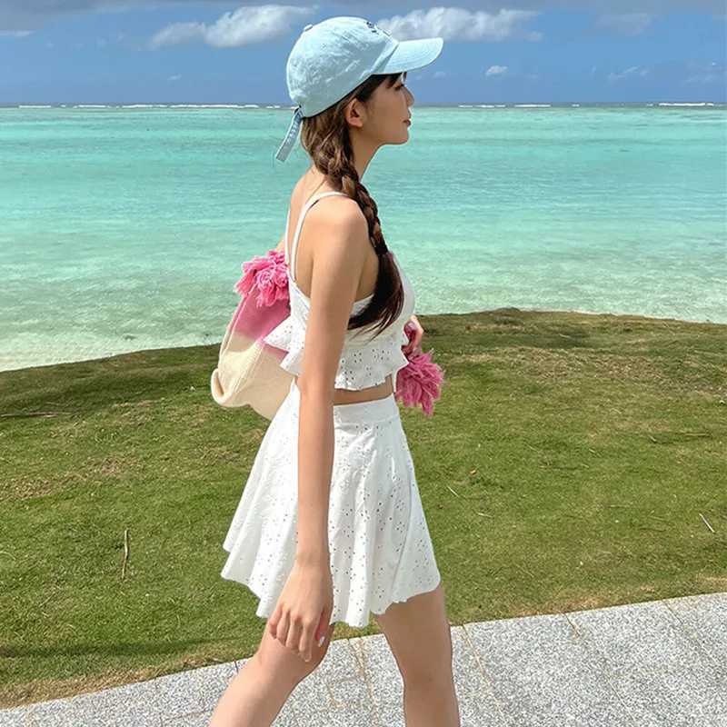 Conservative Bikini Swimsuit for Girls Thermal Spring Swimwear High Waist Skirt Style Belly Covering Slimming Womens Clothing XJ250624