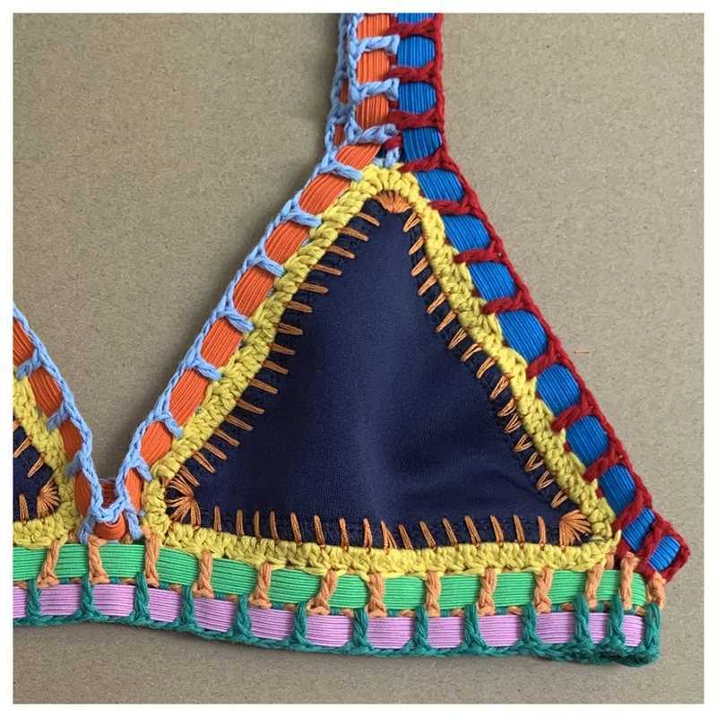 Women Sexy Black Swimwear with Elastic Swimsuit Handmade Crochet Navy Blue Bikini Sets XJ250624