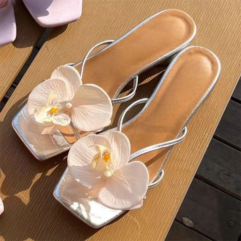 Sexy Open Toe Chunky Heel One-Strap Women Slippers Orchid Flowers Decor Square Toe Sandals Ladies Summer Beach Shoes 250624