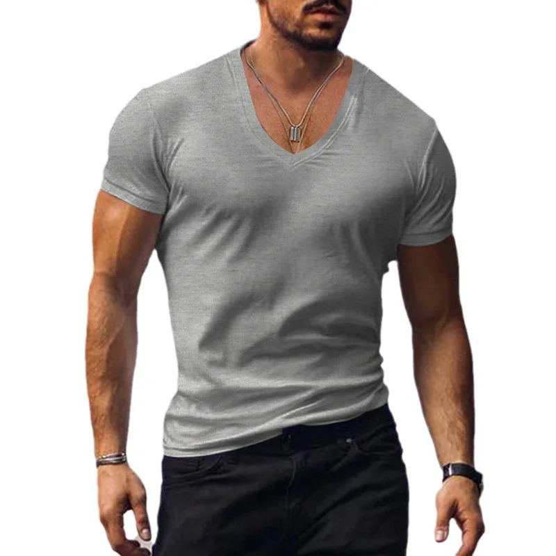 Summer Mens T Shirt Tee Top V-neck Solid Color Slim-fitting Thin Casual Elastic Tee Tops T-Shirts 250625