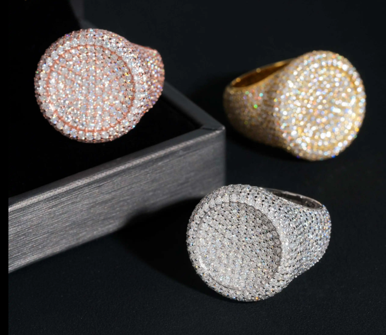 Hot Sale Round Shape Moissanite VVS Pass Diamond Test 925 Sliver Gold Plated Men's Moissanite Diamond Hip Hop Iced Out Rings