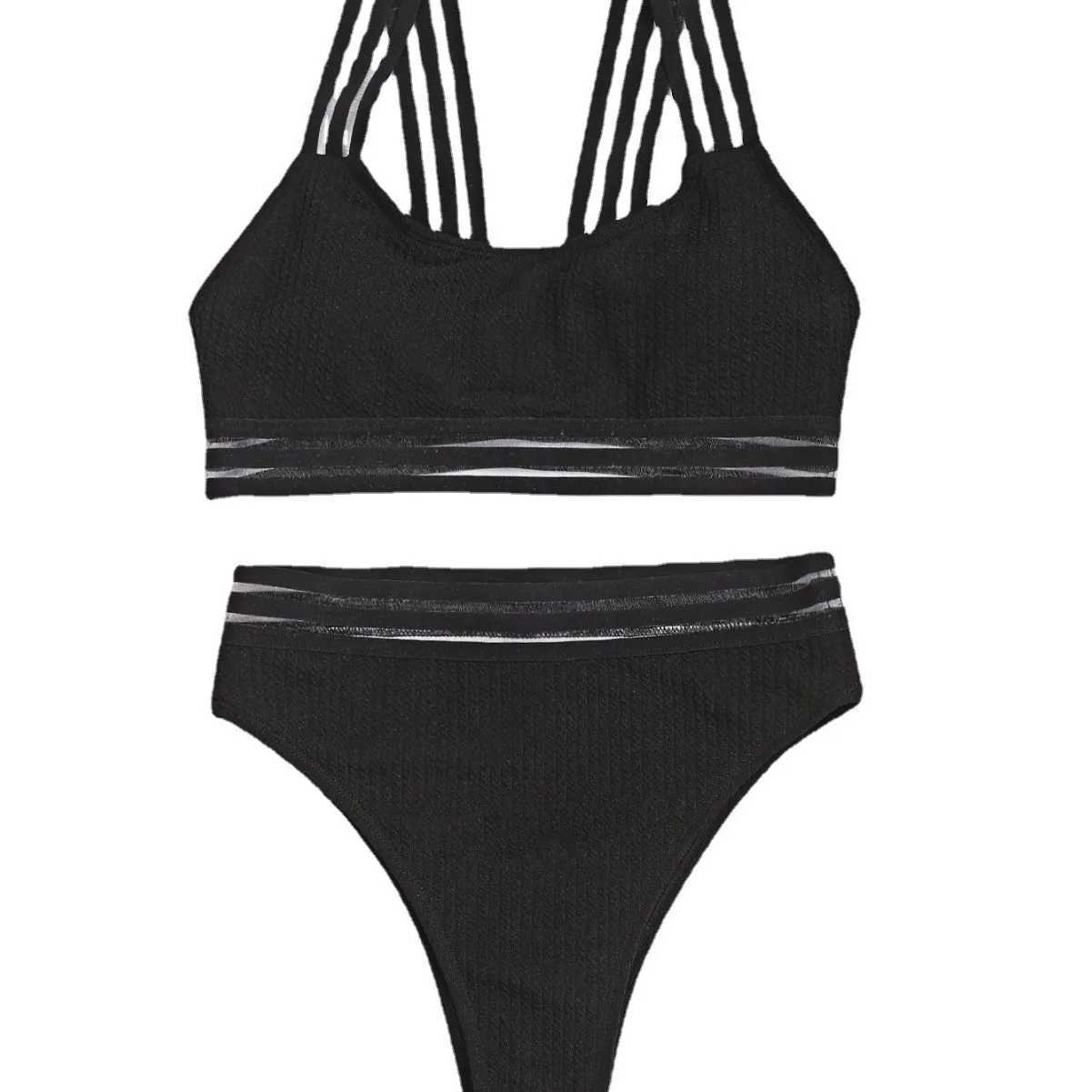 Black spiral pit strip vest U-shaped webbing high waist bikini sexy swimsuit women 2025 newXJ250624