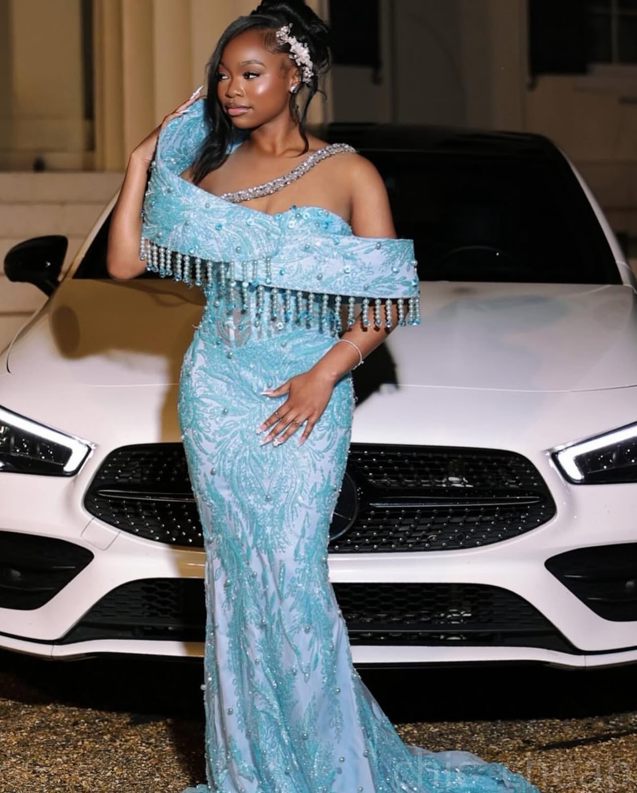 Sky Blue Mermaid Prom Dresses 2025 Pearls Crystals Sequined Lace Evening Formal Party Second Birthday Engagement Gowns Plus Size Dress For Special Occ