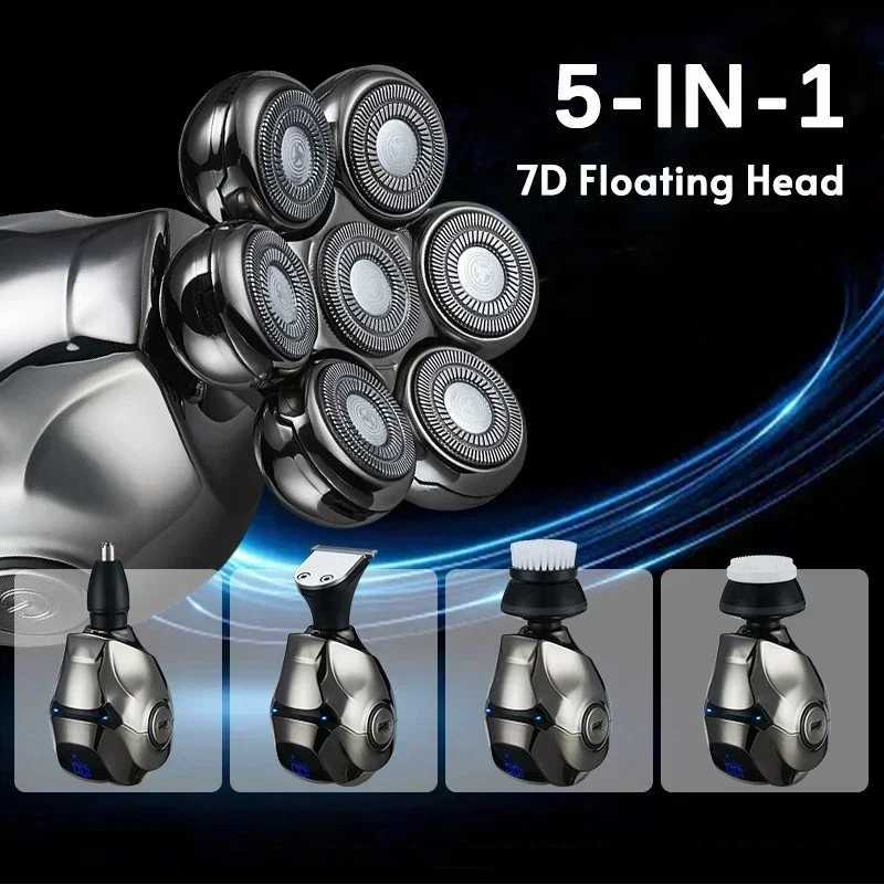 5-IN-1 Men Rechargeable Bald Head Electric Shaver 7D Floating Blade Head Beard Nose Ear Hair Trimmer Razor Clipper Facial Brush W250625