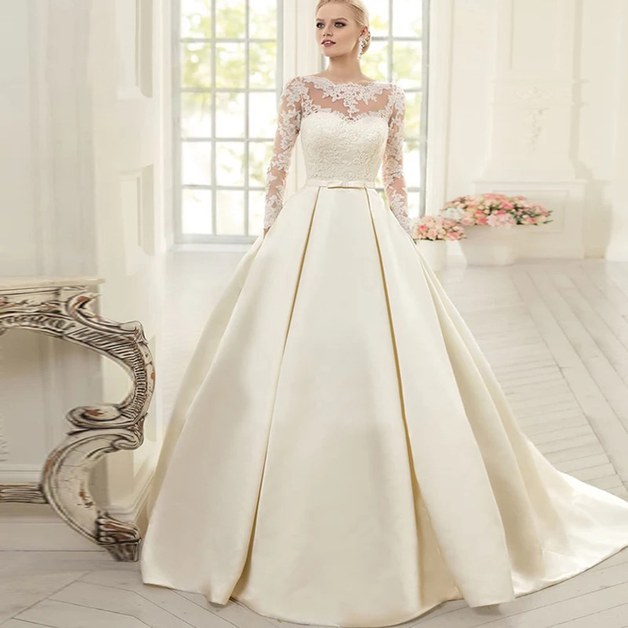 Vestidos De Novia Simple Ivory Satin Wedding Dresses A-Line Long Sleeve Appliques Lace-up Sweep Train Bridal Gown with Pockets