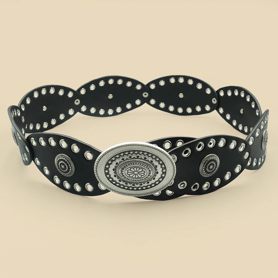 Black Vintage Western Womens Belt - Oversized Metal Conchos with Cut-Out Wide Cowboy Style Fashion Accessory 250618