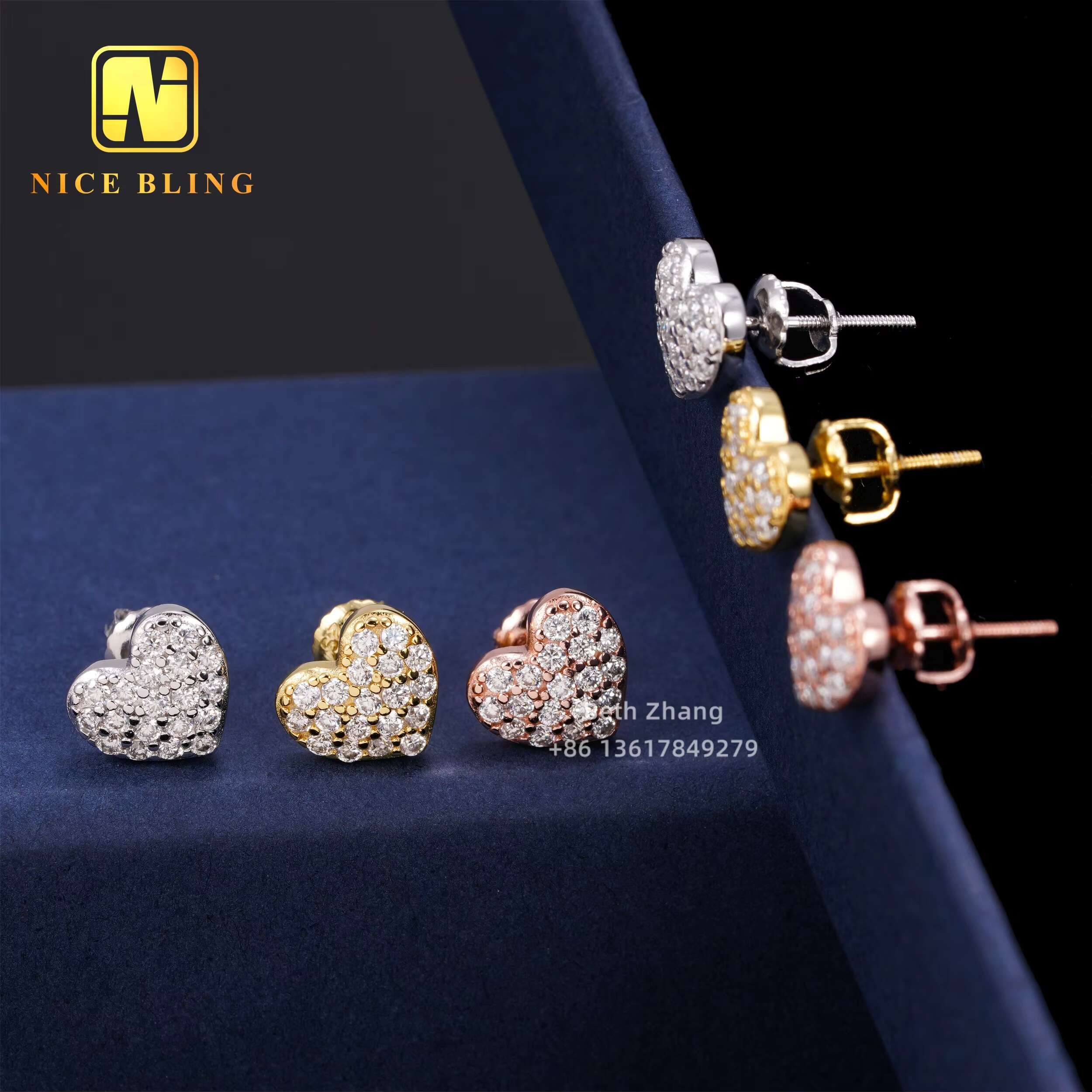 Iced Out Jewelry VVS Moissanite Diamond Earrings Hip Hop Heart Shape Ear Studs for Men Women