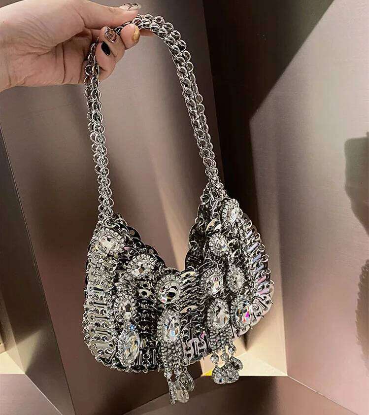 Women Dia Designer Sier Metal Sequins Chain Woven Hollow Evening Bags Clutch Travel Holiday Shoulder Bag Handbag