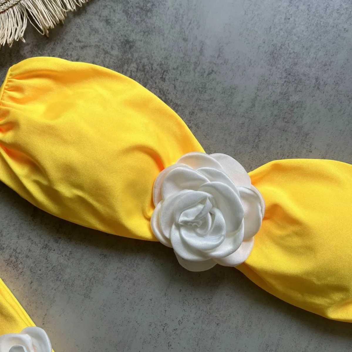 2025 yellow three-dimensional flower new solid color bikini sexy backless split swimsuit nylon bikiniXJ250624