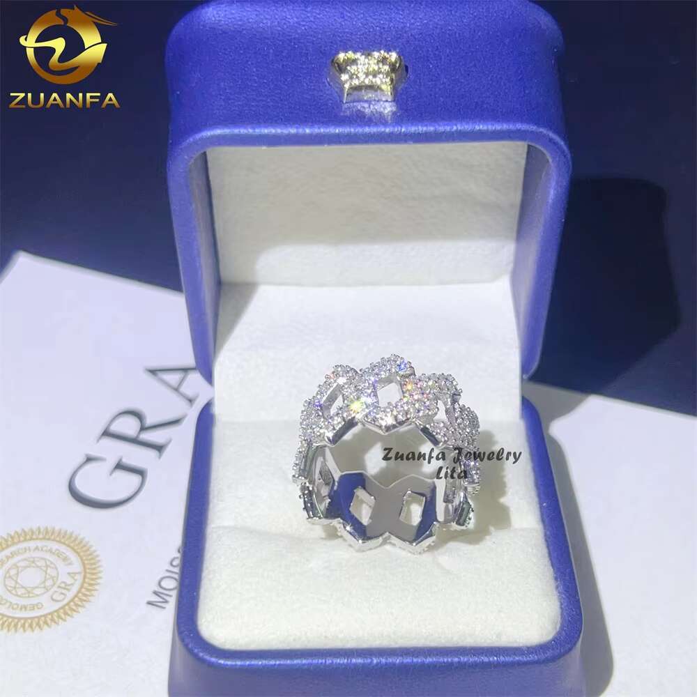 High Quality Fine Jewelry Fashion Hip Hop 2 Rows Cuban Diamond 925 Sterling Silver Moissanite Rings