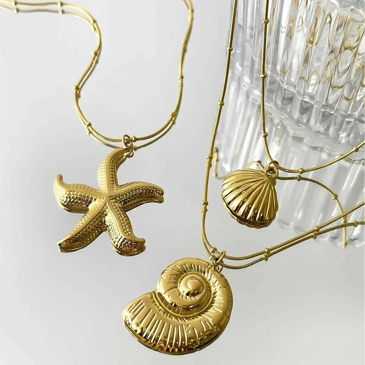 Minimalist Starfish Striped Conch Scallop Shaped Pendant Necklace for Women Waterproof Trend Jewelry Summer Beach Party V250625
