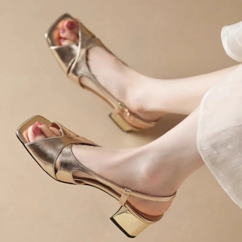 Female Shoes Solid One-word Buckle Women Square Toe Sandals Summer Open Toe Chunky Heels Dress Sandals 250624