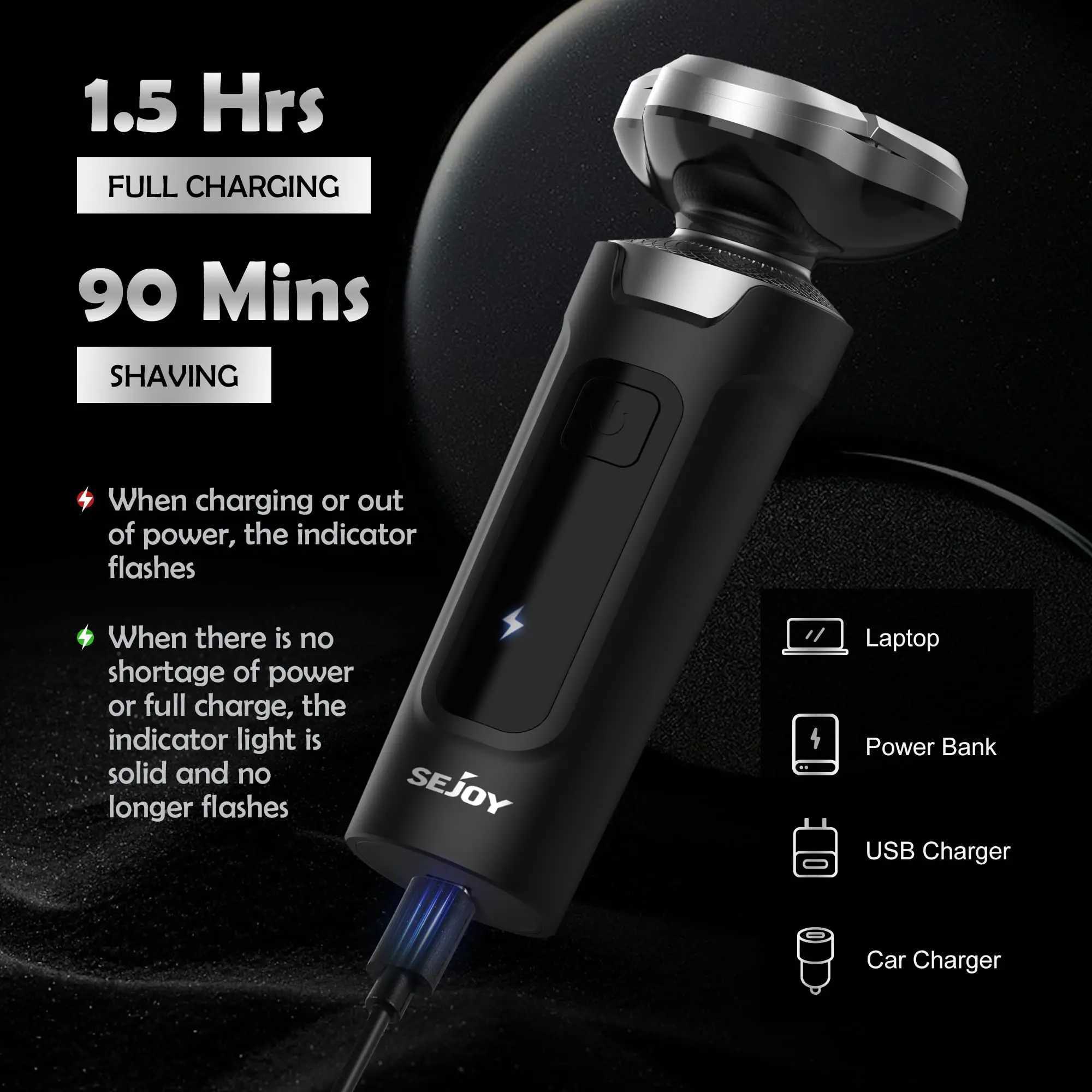 SEJOY Electric Razor for Face Shaver USB Rechargeable Wash Beard Hair Trimmer Wet Dry Shaving Machine W250625