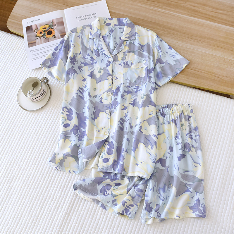 Women's summer pajama set with collar, short sleeved shorts, home wear, satin soft, comfortable and cool pajama set