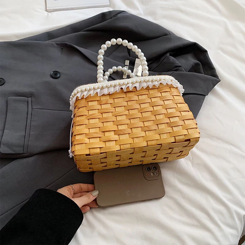 Vine Weaving Bag Summer Handmade Bag Retro Style Pearl Handheld Womens Bag Chain Diagonal Straddle Phone Bag 250623