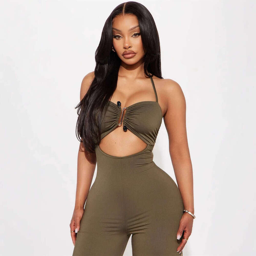 New Fashionable Elegant Solid Color Halter Neck Metal Design Backless Hollow Out Straight Leg Jumpsuit B5