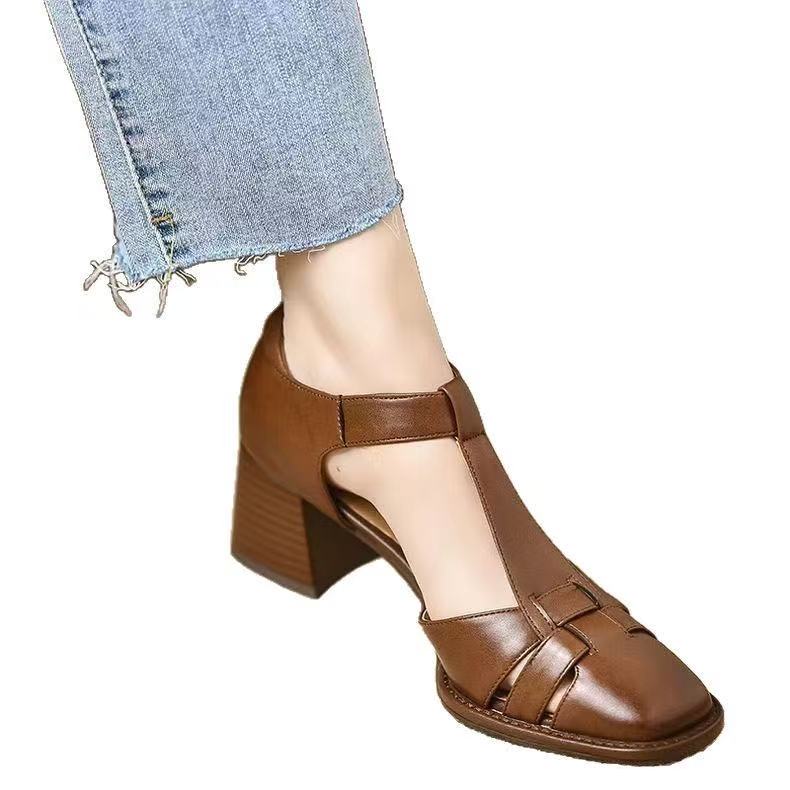 Women's leather narrow band braided t-strap sandals 4cm thick med heel round toe cage casual female summer shoes woman d152