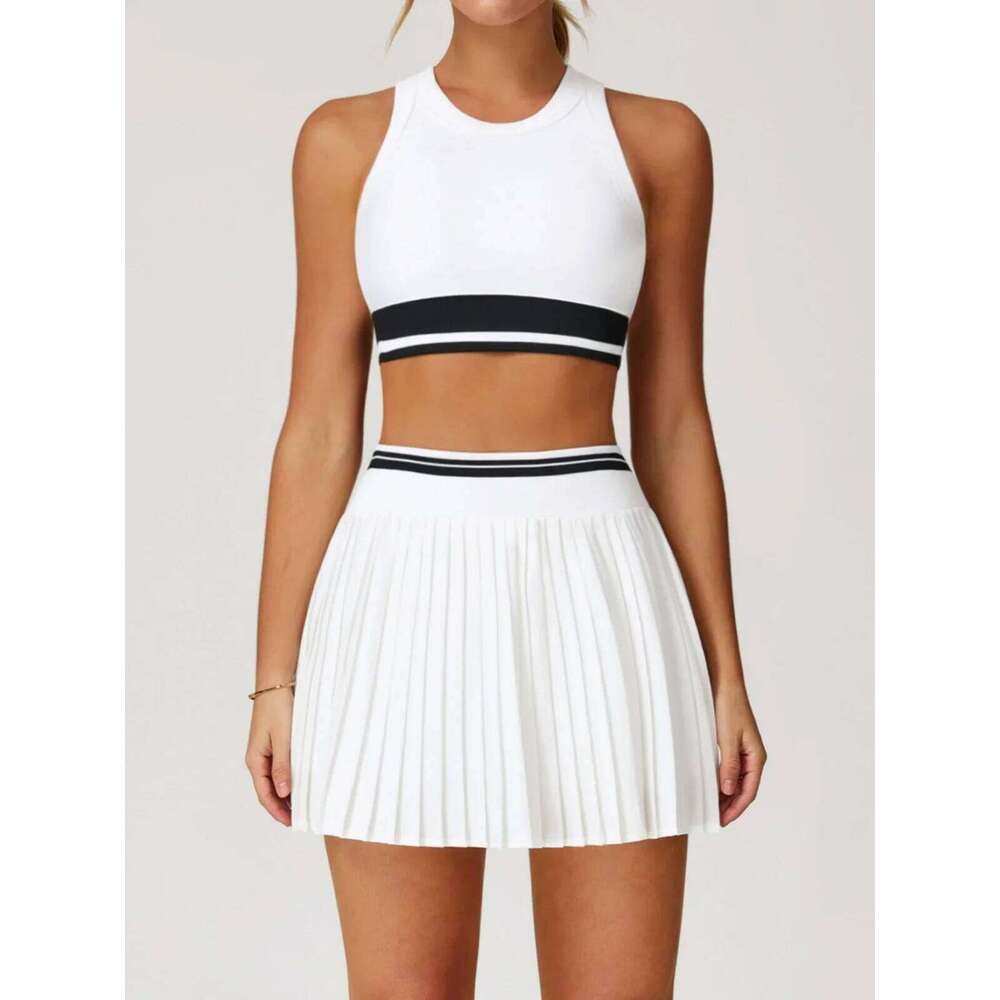 Yoga Skorts Set Women Contrast Color Sports Bra High Waist Pleate Skirt Fiess Suit Outdoor Running Athletic Gym Wear Tracksuit