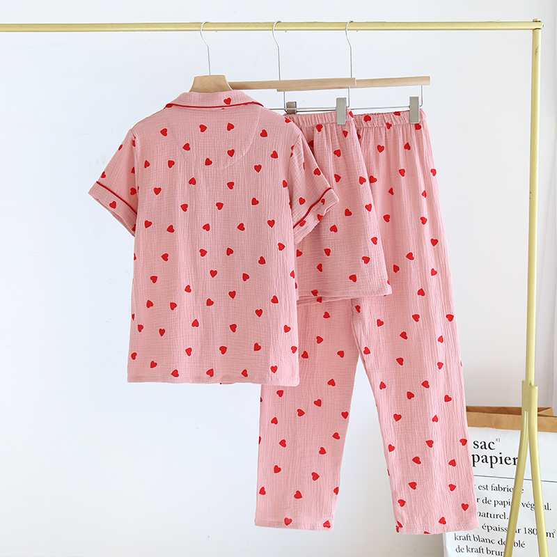 Manufacturer direct sales summer pure cotton yarn thin short sleeved love three piece set shorts breathable sweat absorbing pants pajama set