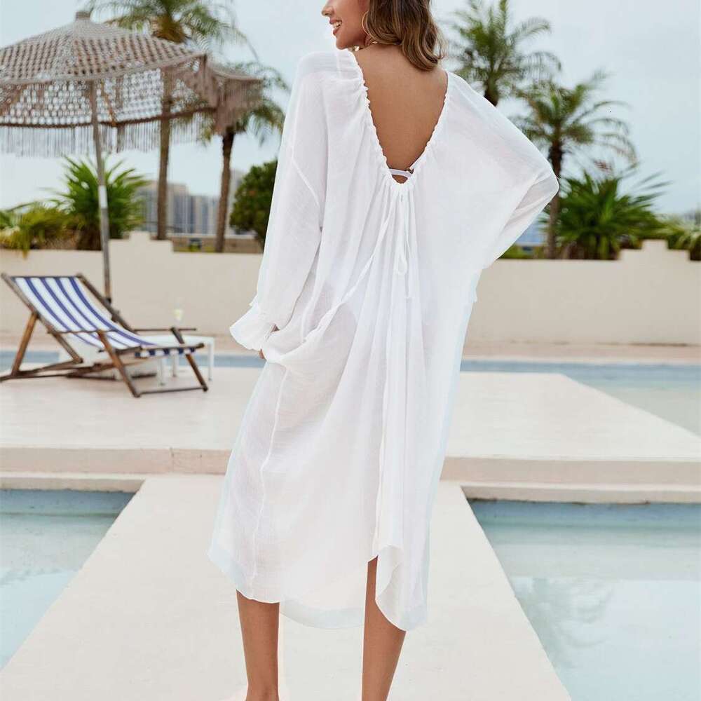 New Butterfly Dance Style Backless Kaftan Round Neck Deep V Large Open Back Bikini Cover-Up B5