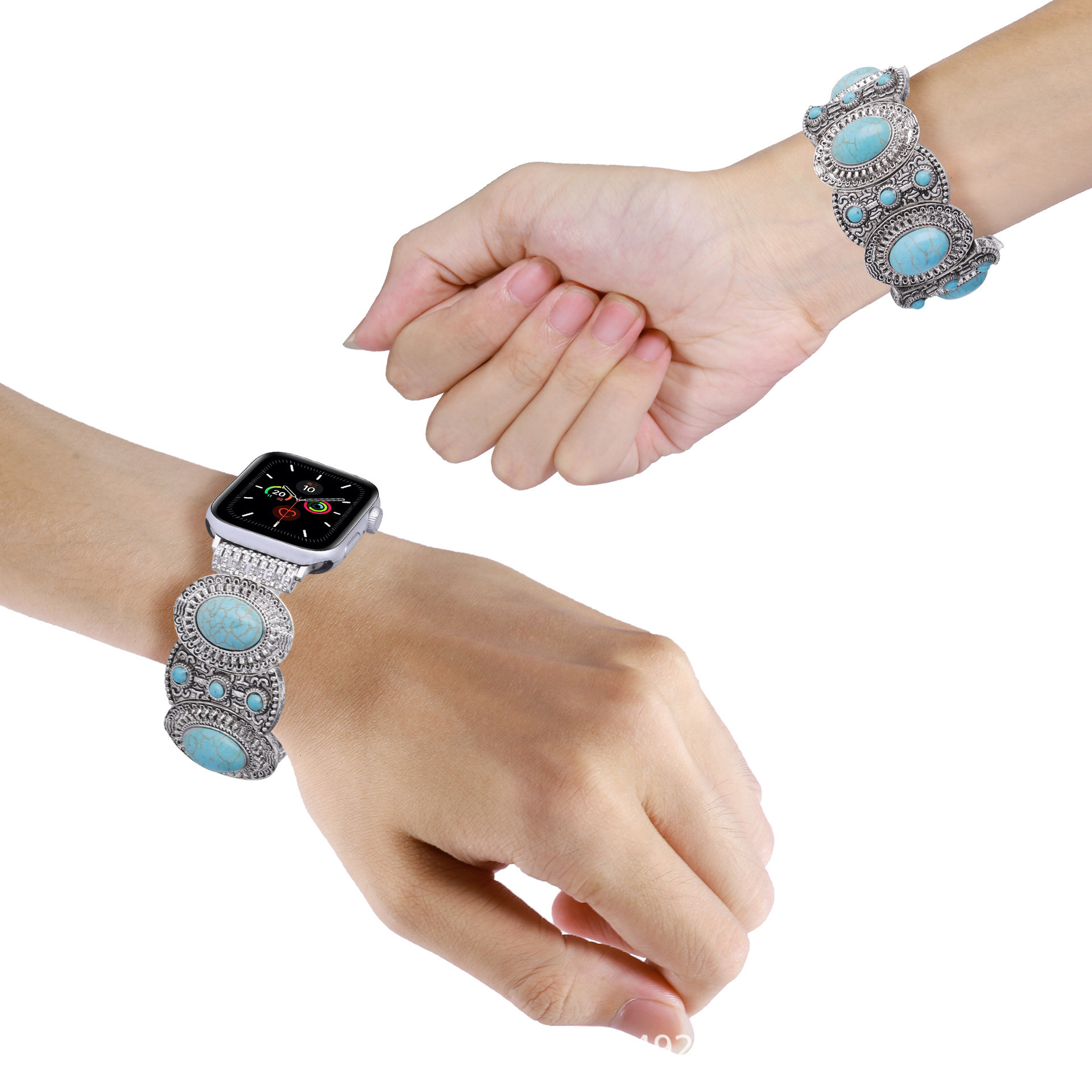 Luxury Fashion Jewelry Watch Chain with Turquoise Stone for Apple iWatch 41mm 45mm Straps