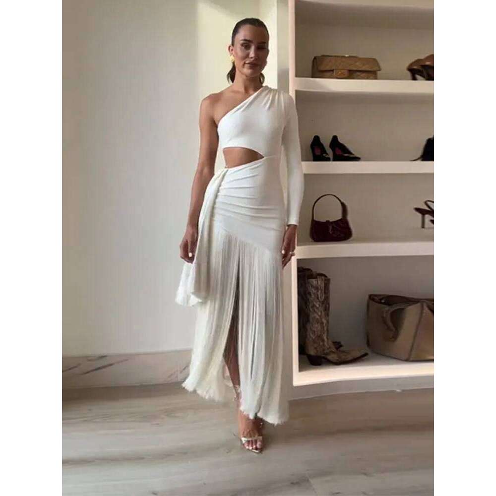 Sexy Tassels Hallow Out Dress Women Slim Skew Collar One Long Sleeves Vestidos Female 2025 Summer Chic High Waist Dresses