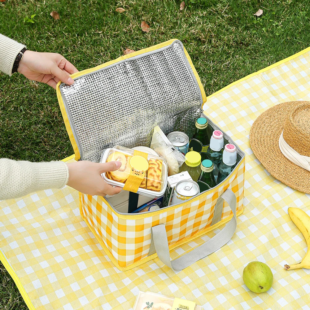 Outdoor Thickened Insulated Lunch Handbags Large Capacity Camping Storage Bags Waterproof Checkered Picnic Cold Protection 250624