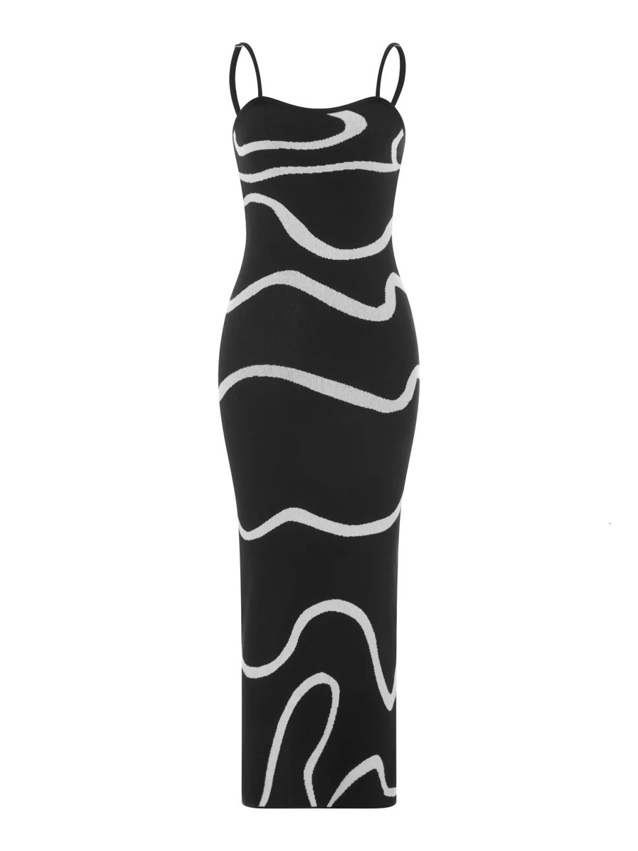 Women s Summer Cami Knit Dress Wavy Print Spaghetti Strap Open Back Party Midi Dress 250618