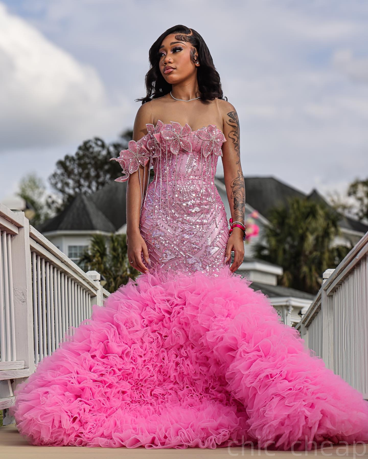 Pink Mermaid Prom Dresses 2025 Flowers Crystals Tiers Tulle Evening Formal Party Second Birthday Engagement Gowns Plus Size Dress For Special Occasion