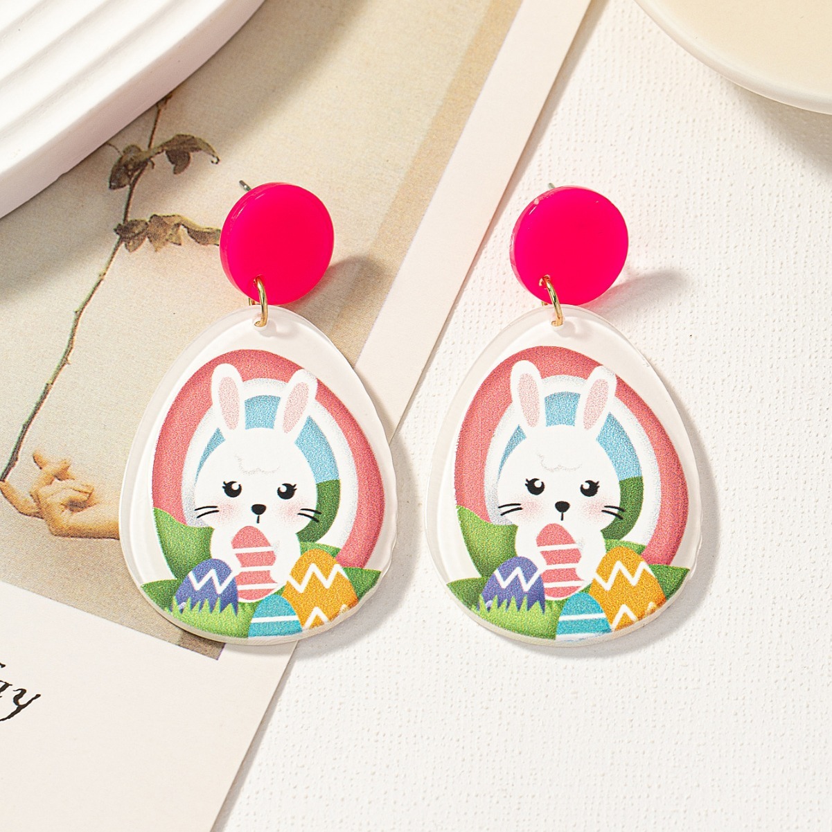 New Easter Acrylic Sheet Printed Colorful Bunny Egg Earrings