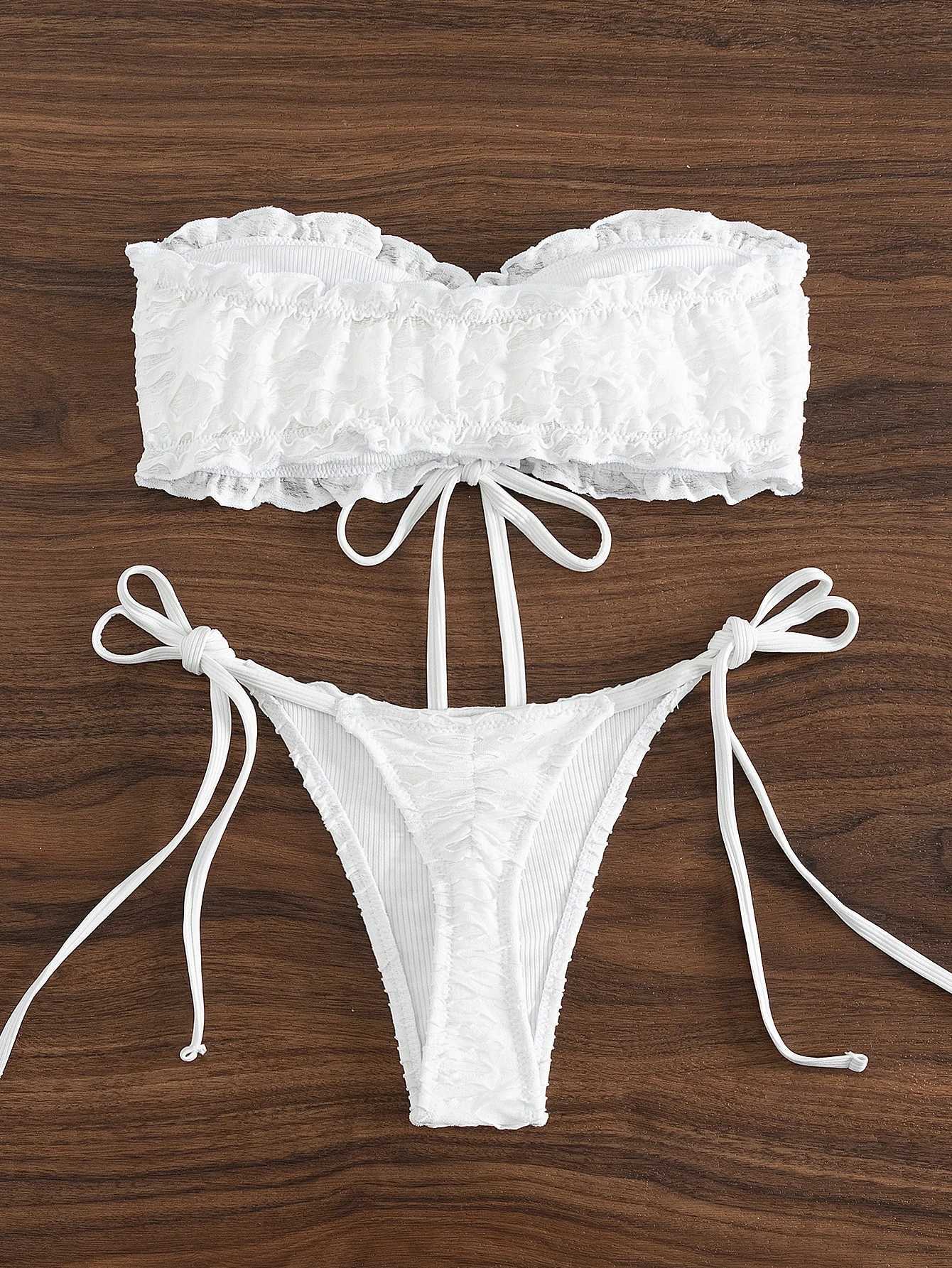 2025 Summer Solid Color Split Womens Swimsuit with Pit Strip European and American Sexy Split Bandeau Bikini XJ250624