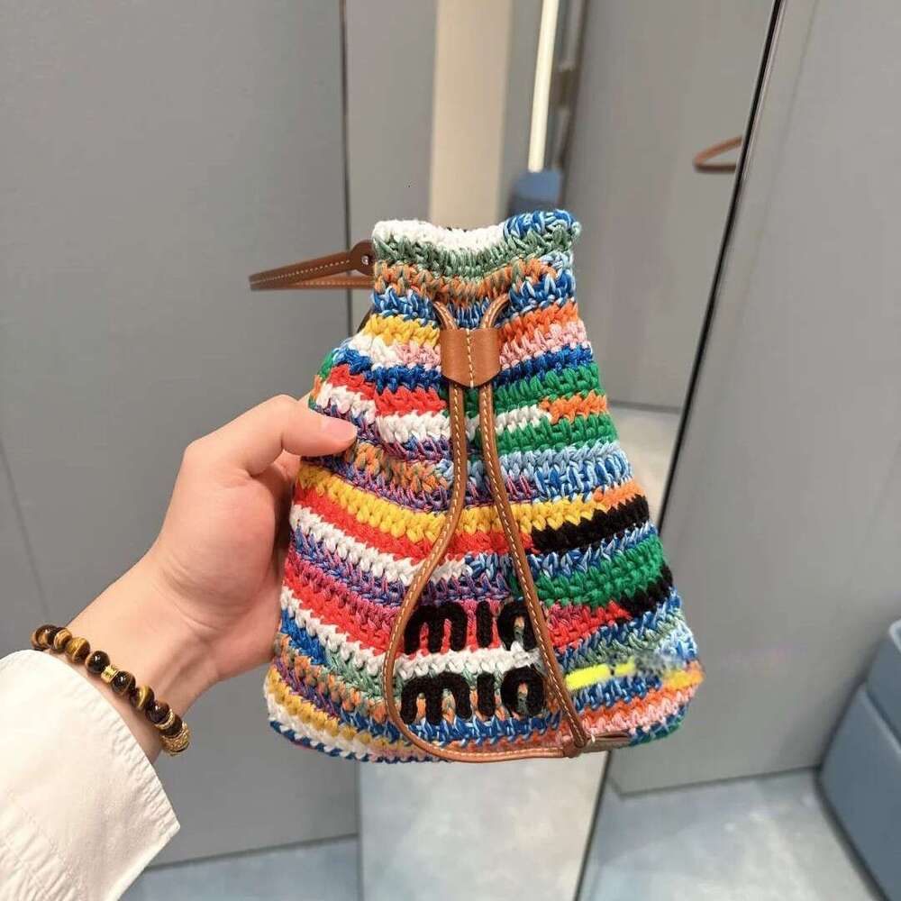 Trendy Colorful Striped Woven straw beach sac Mini Phone Bucket Underarm Women's Commuter Versatile Bag Luxury designer tote bag
