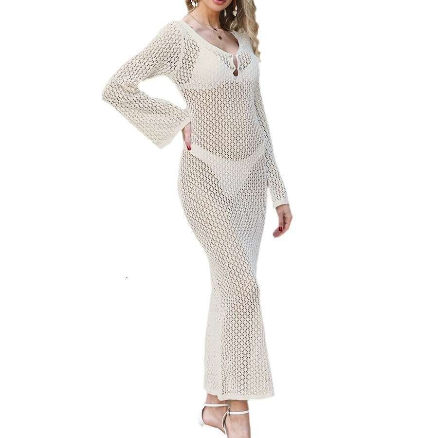 Summer New Solid Color Sexy Flare Sleeve Hollow Out Beach Long Dress Bikini Cover-Up B5