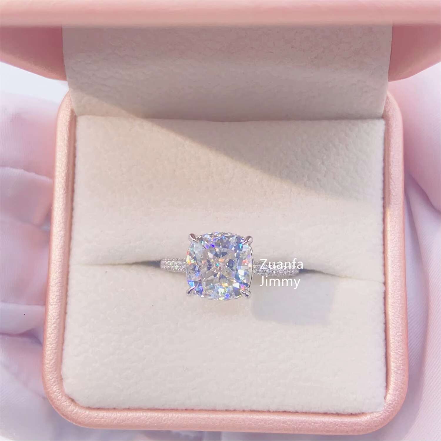 14K White Gold 3.00ct Cushion Cut Colorless GRA Moissanite Engagement Ring Handmade Pave Set Band Ring Wedding Ring