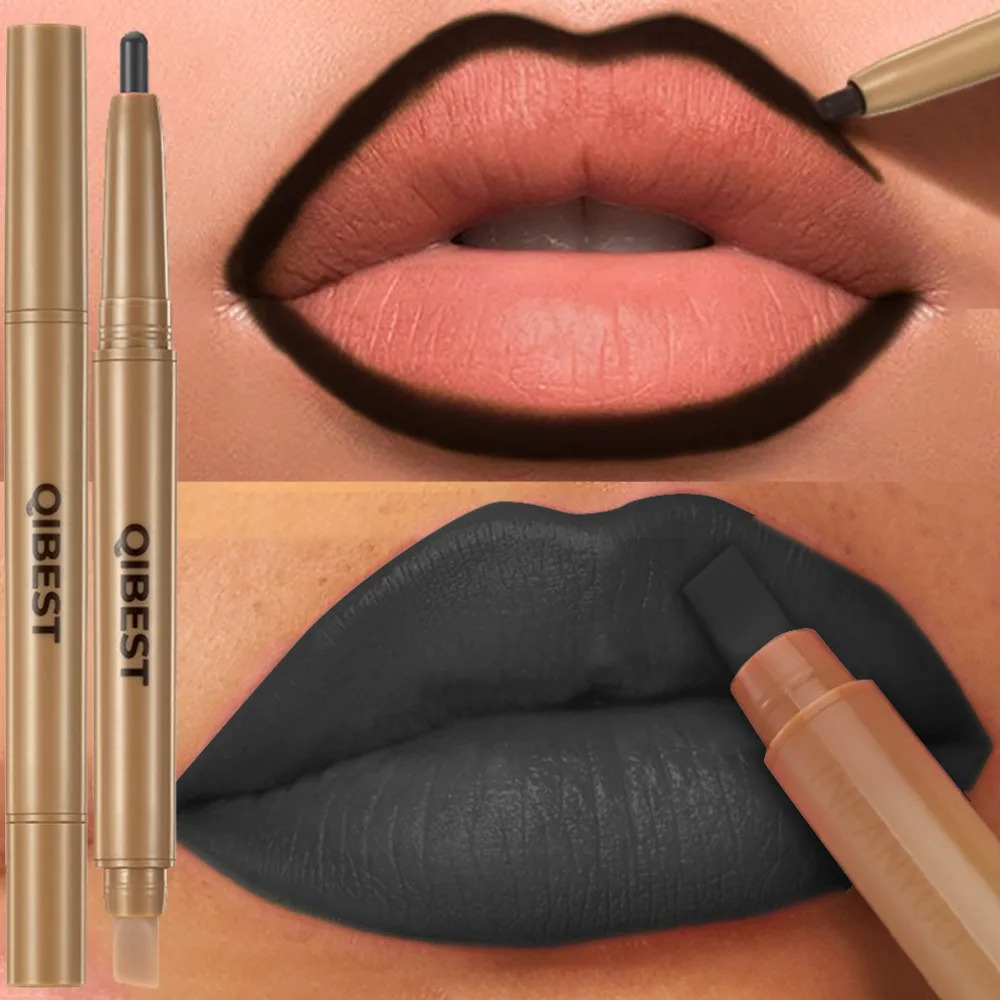 Double Head Black Lip Liner Brush Pen Mist Matte Velvet Contour Tint Lipstick Pencil Long Lasting Nude Brown Natural Lip Makeup 250625