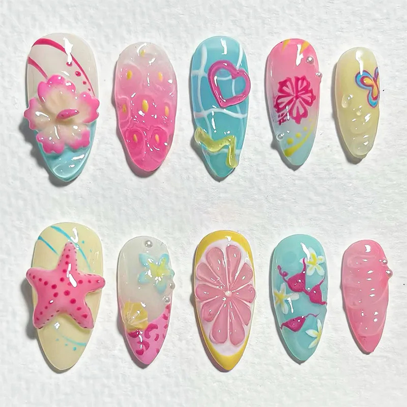 24pcs Almond False Nails Tips Summer Beach Colorful Nails Sets with Pearl Flower Press on Nails Art Wearable Fake Nail 250625