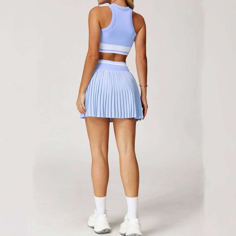 TZ5062 Color Blocking Splicing Tennis Badminton Women High Waist Short Skirt & Yoga Bra 2 Pcs Cheering Squad Running Suit