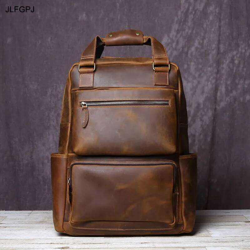 JLFGPJ Handmade Vintage Crazy Horse Leather Large Capacity Backpack Men's Genuine Cowhide Business Travel Computer Bag